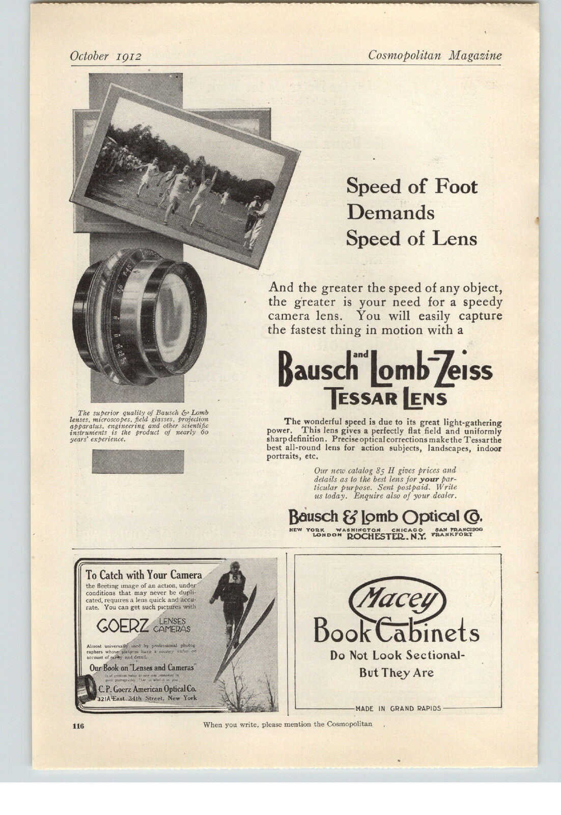 1912 Paper Ad Bausch and Lomb Zeiss Tessar Lens Camera Lens Rochester NY