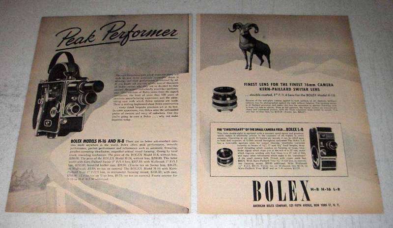 1945 Bolex H-16, H-8 and L-8 Movie Cameras Ad - Peak