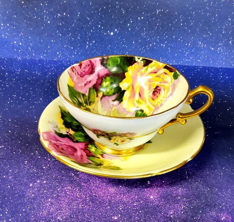 Vintage Romantic Stanley Teacup and Saucer Pink Yellow Roses Bone China England