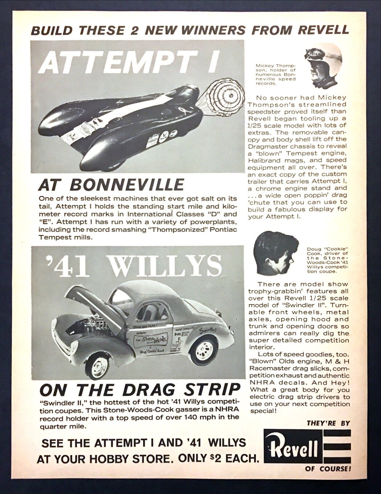 1964 Revell Stone Woods Cook \'41 Willys Racer Model Car photo vintage print ad