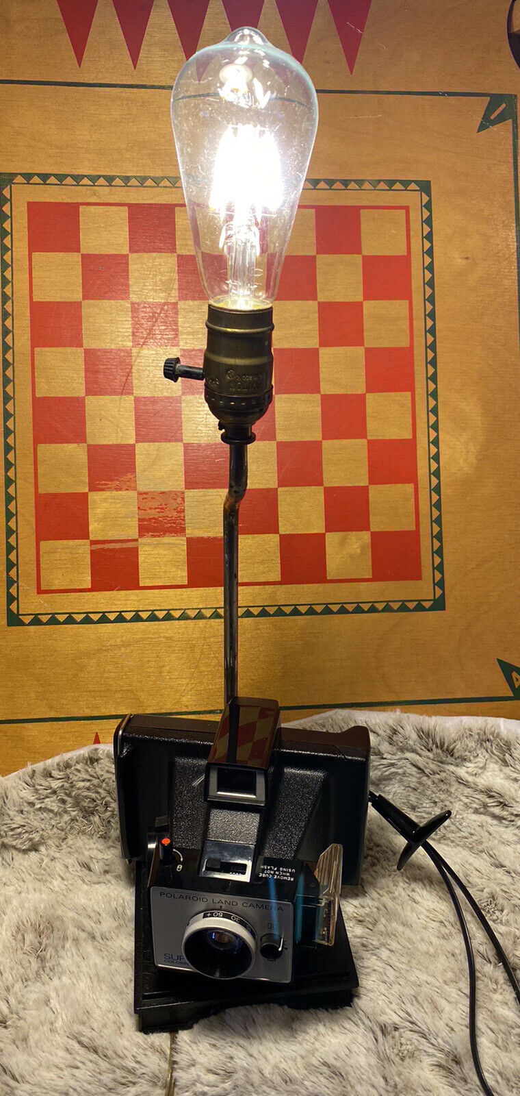 Polaroid Land Camera Lamp Vintage Wood Brass Edison Bulb Upcycled Handmade