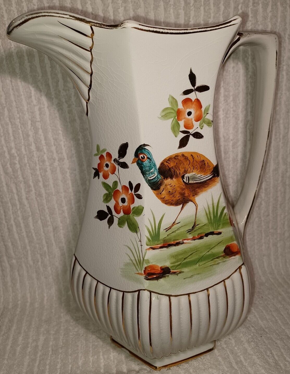 Vintage W ADAMS SONS England PHEASANT Pitcher Vase Crown Semi Porcelain 13