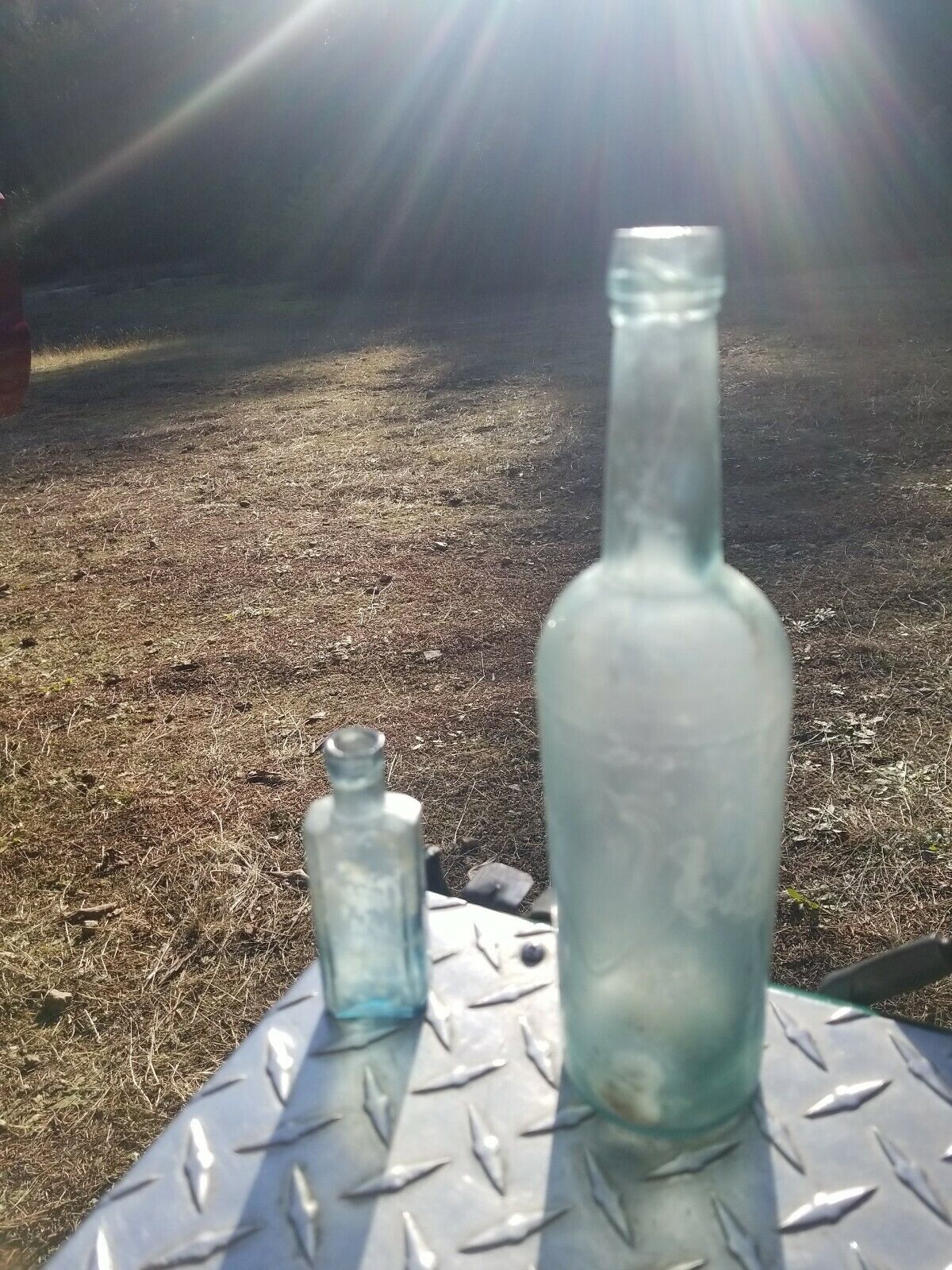 2 Cornflower Blue Antique Chemists Bottles - pair of Old Crude Bottles 