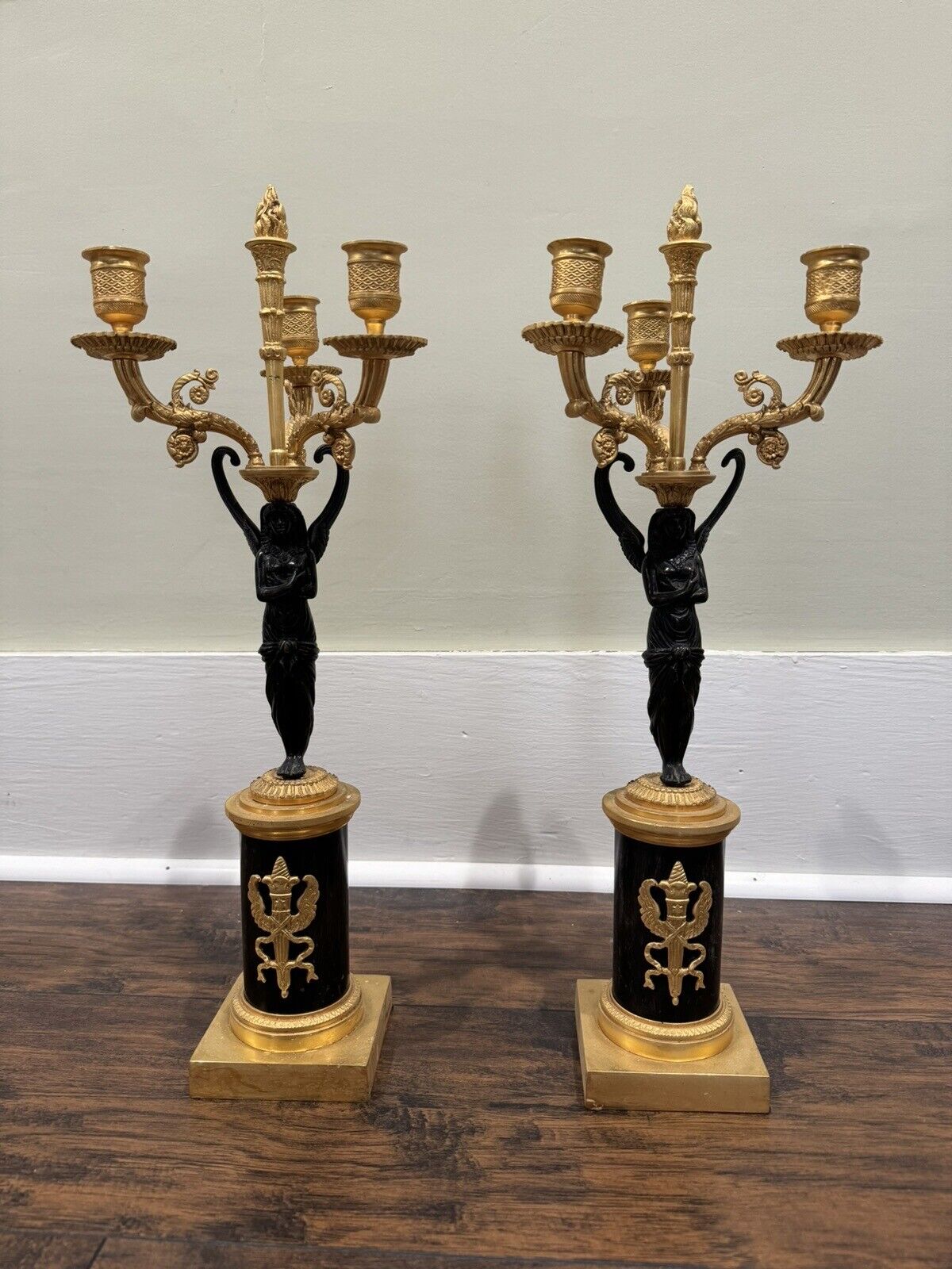 Pair of French Empire Gilt Bronze and Ormalu Candelabras