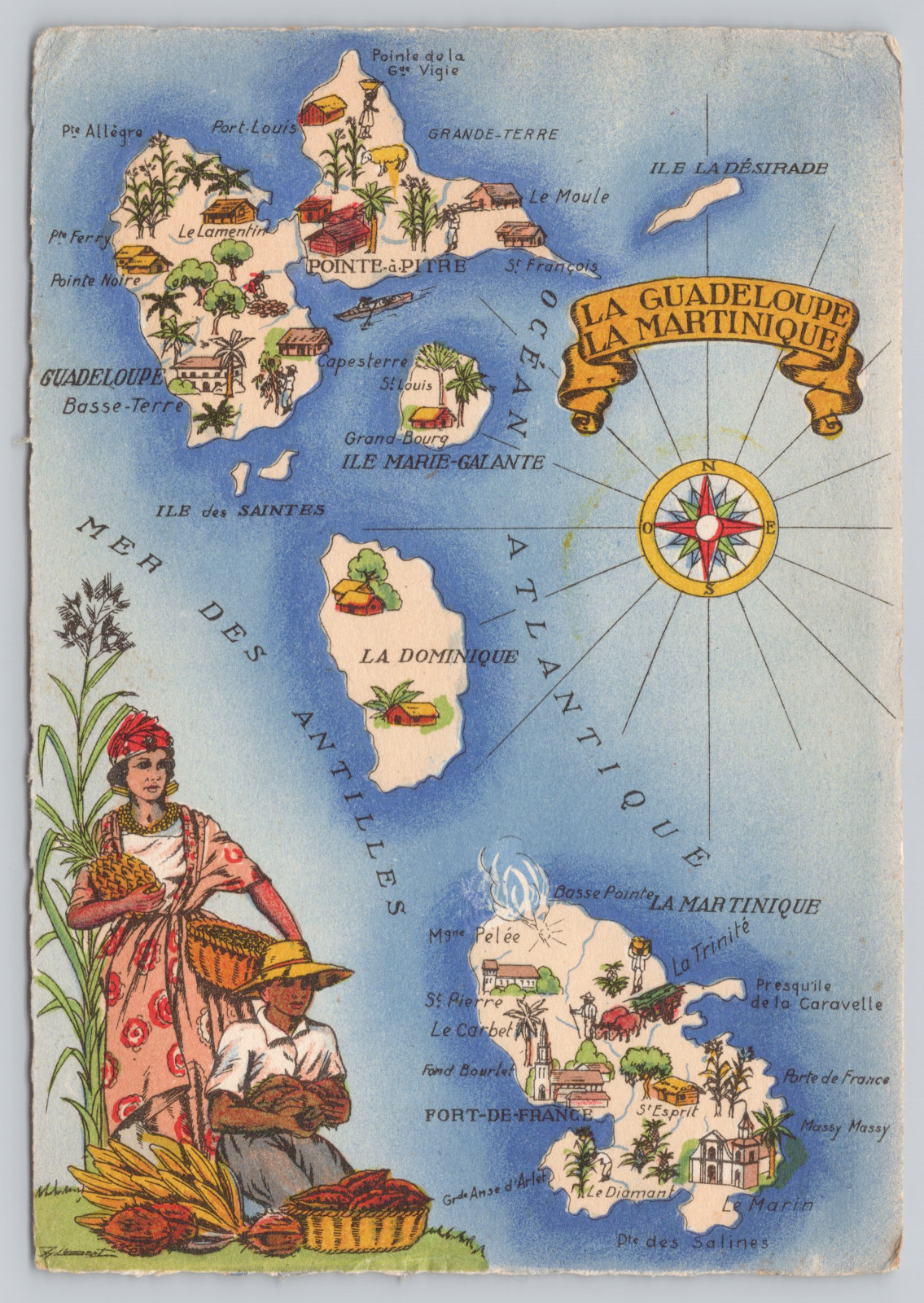 Postcard Illustrated Jyllbert Map La Guadeloupe La Martinique Army Post 1944 CPL