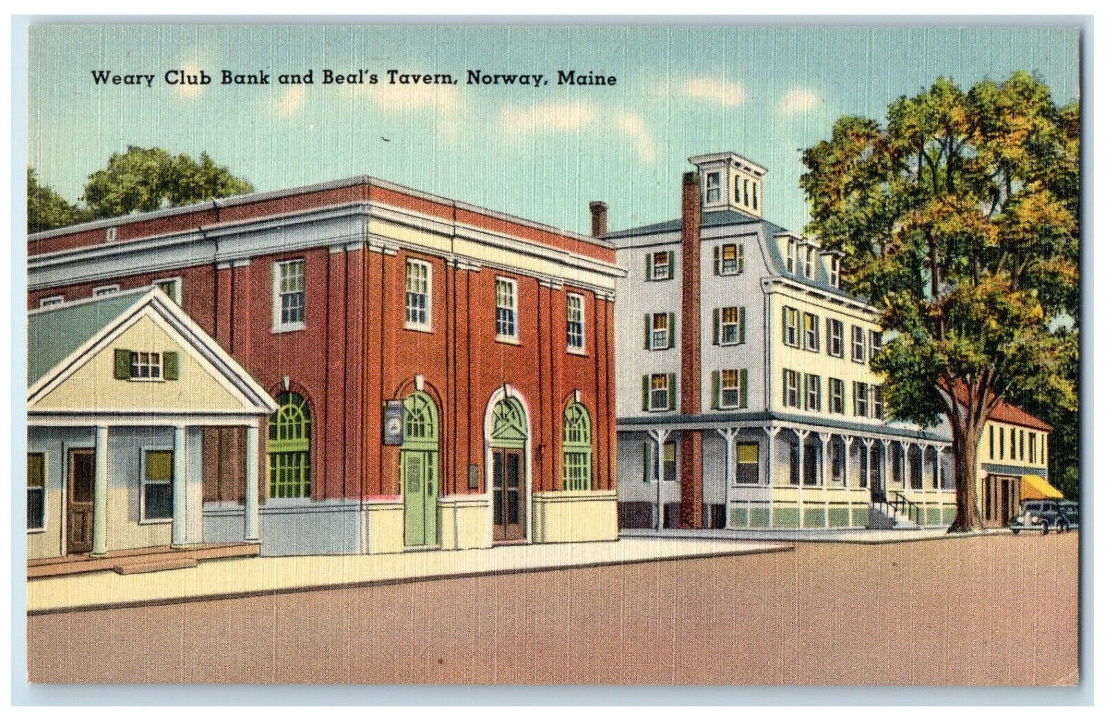 c1950\'s Weary Club Bank and Beal\'s Tavern Norway Maine ME Posted Postcard