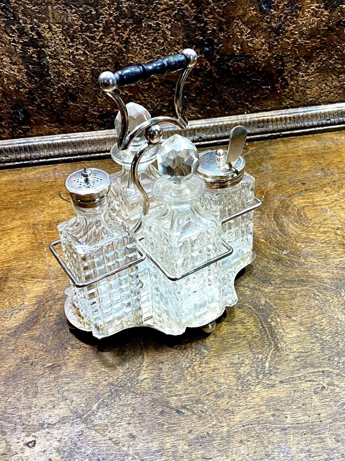 Antique Victorian CRUET SET  w 4 Cut Crystal Bottles w Holder  ~ Hallmarked 