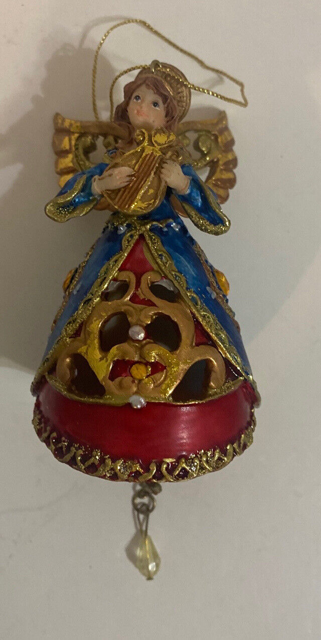 Vtg Hanging Christmas Angel Gold Blue Red . Can Light Up 5” Painted Resin