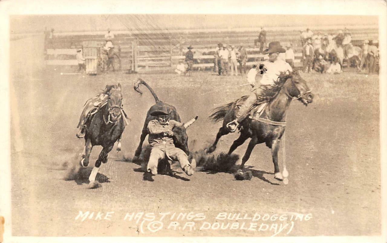 RPPC,  COWBOY MIKE HASTINGS Rodeo Bulldogging  1935 R.R. Doubleday  Postcard