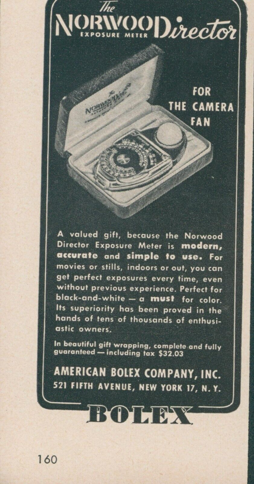 1948 Bolex Norwood Director Exposure Meter Camera Fan Vintage Print Ad L13
