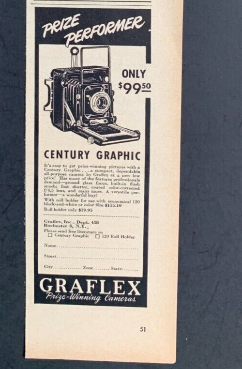 Print Ad Graflex Cameras 1950 Life Magazine 6in x3in Century Graphic