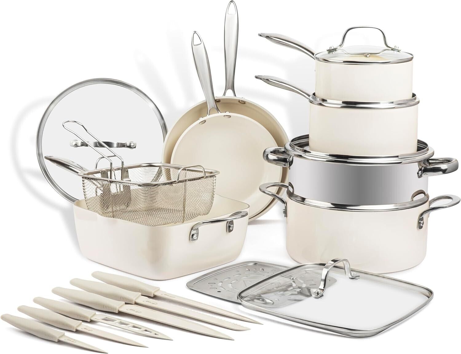 Gotham Steel Cream 20 Pc Nonstick Cookware Set with Knife set and Steamer