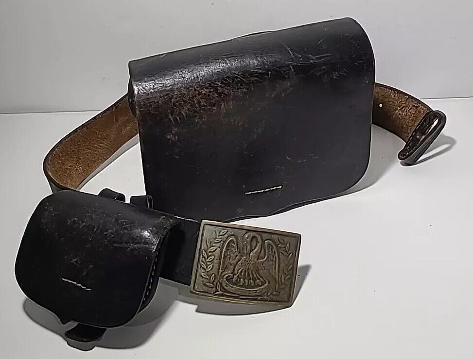 Vtg Confederate Civil War CS Baton Rouge Leather Cartridge Cap Pouch Belt Buckle