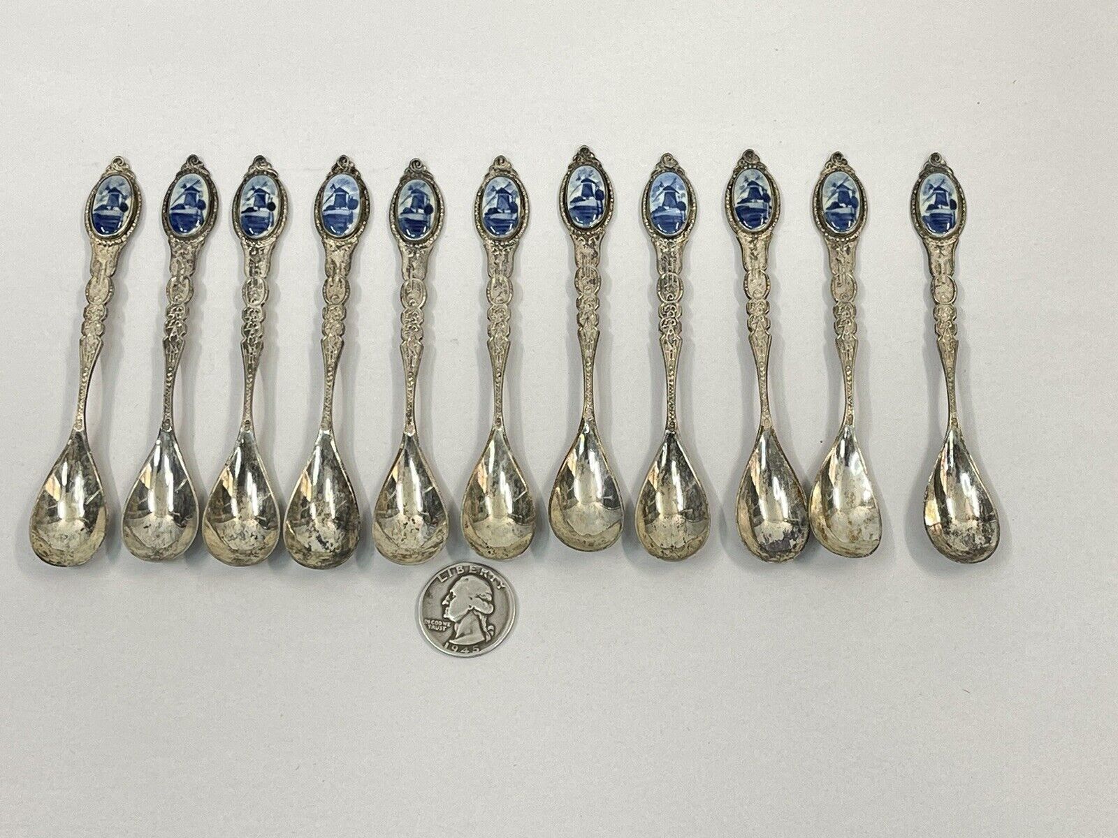 11 Vintage Holland Delft Blue Windmill Cameo Silverplate Souvenir Spoons