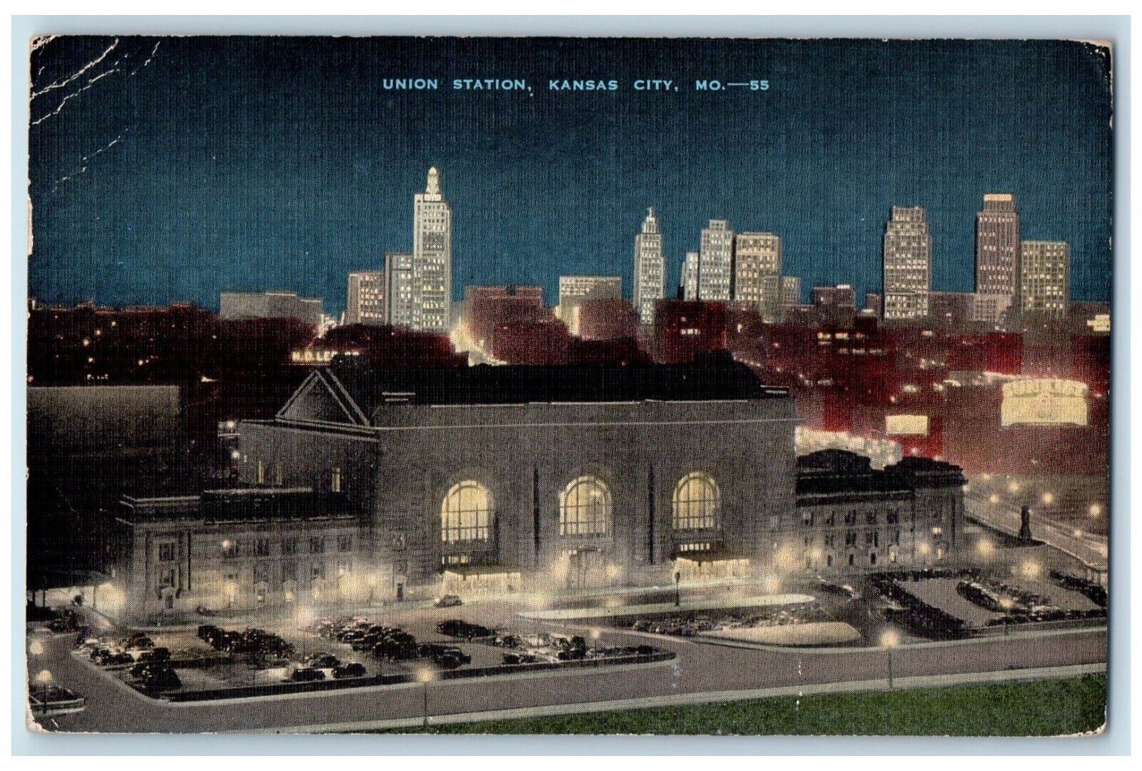 1944 View Of Union Station At Night Cars Kansas City Missouri MO Posted Postcard