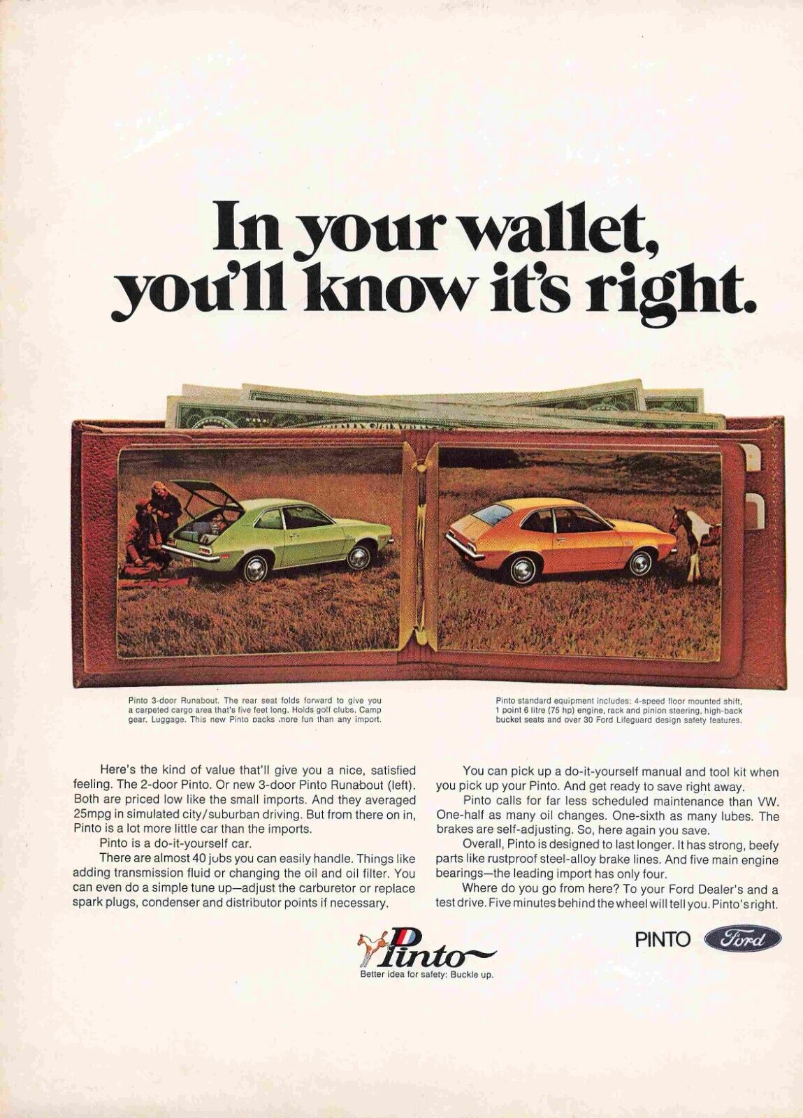Pinto 3 Door Runabout Wallet Money 1970\'S Print Advertisement