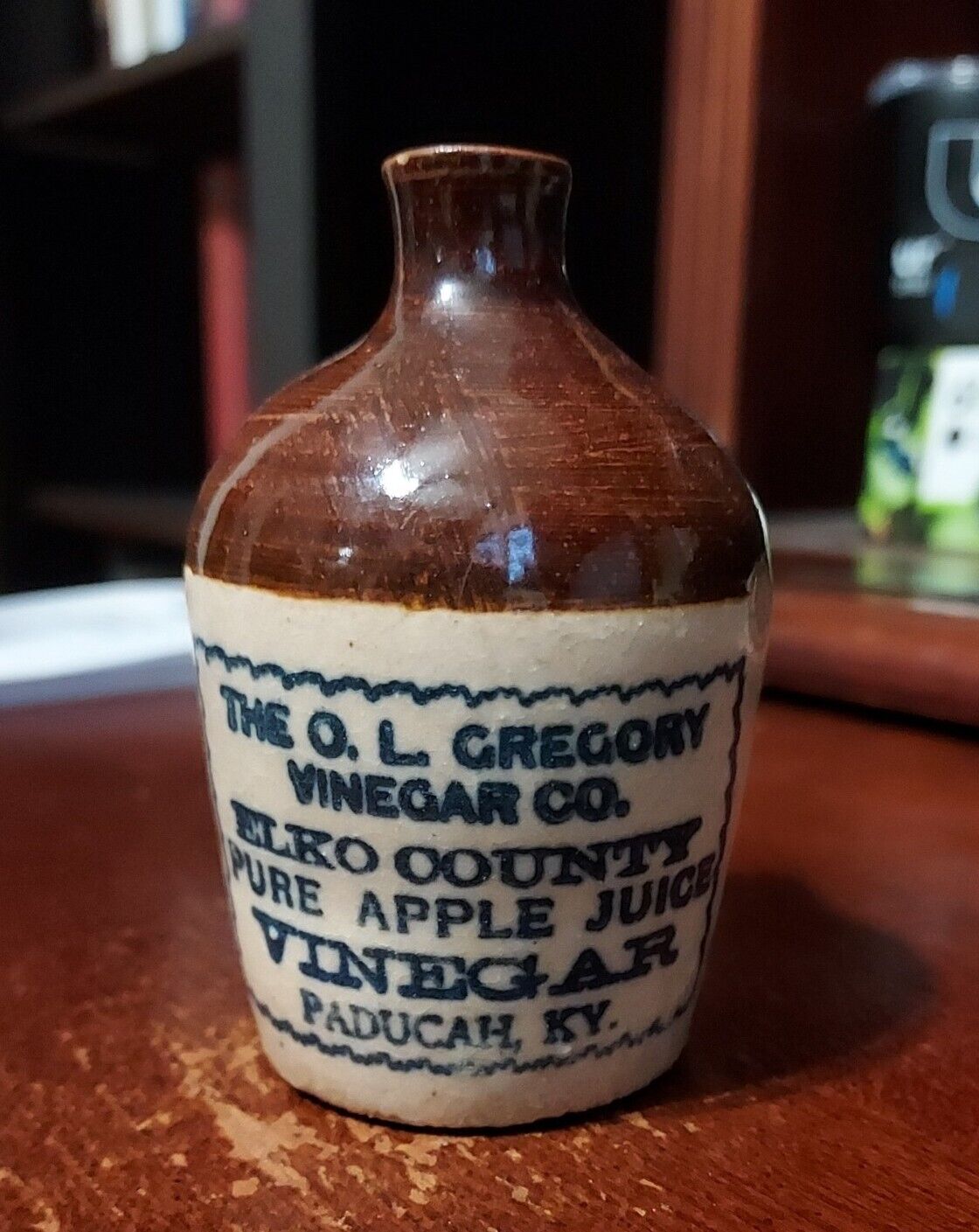 Compliments of The O.L. Gregory Vinegar Co. Paducah, KY. Miniature Stoneware Jug