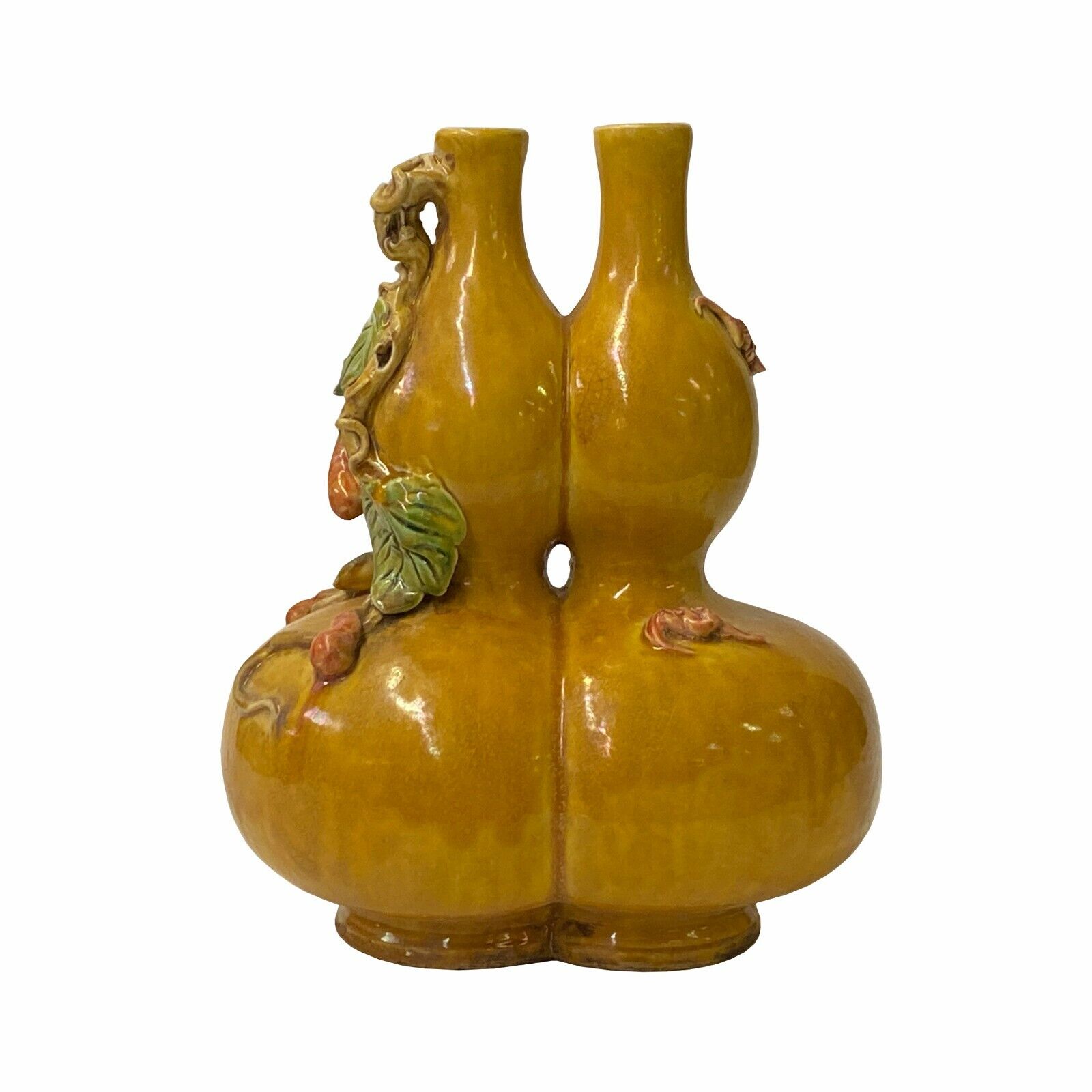 Handmade Chinese Ceramic Distressed Yellow Double Gourd Vase ws1767