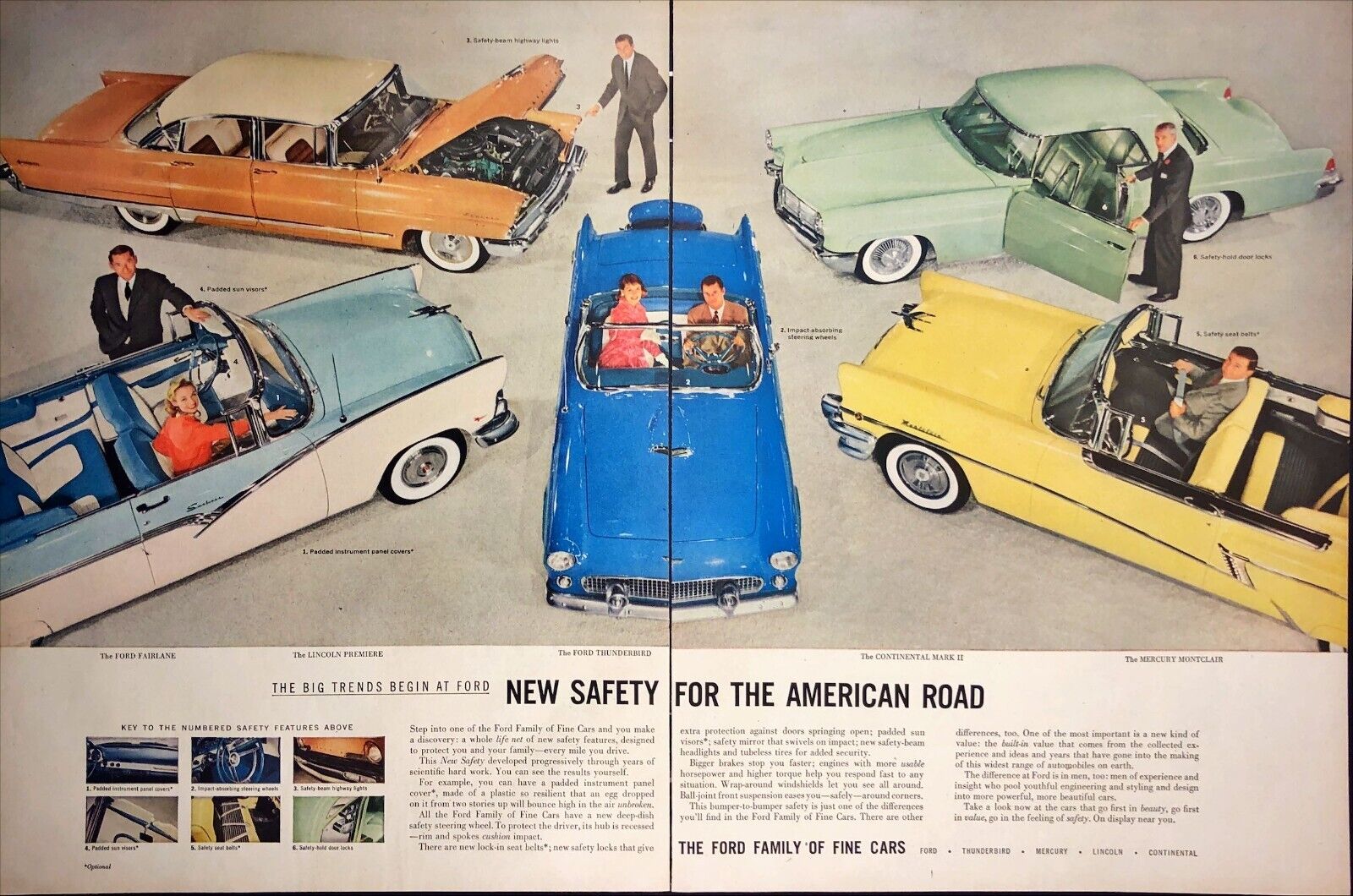 1956 Ford New Safety TWO PAGE Print Ad Thunderbird Mercury Lincoln Continental