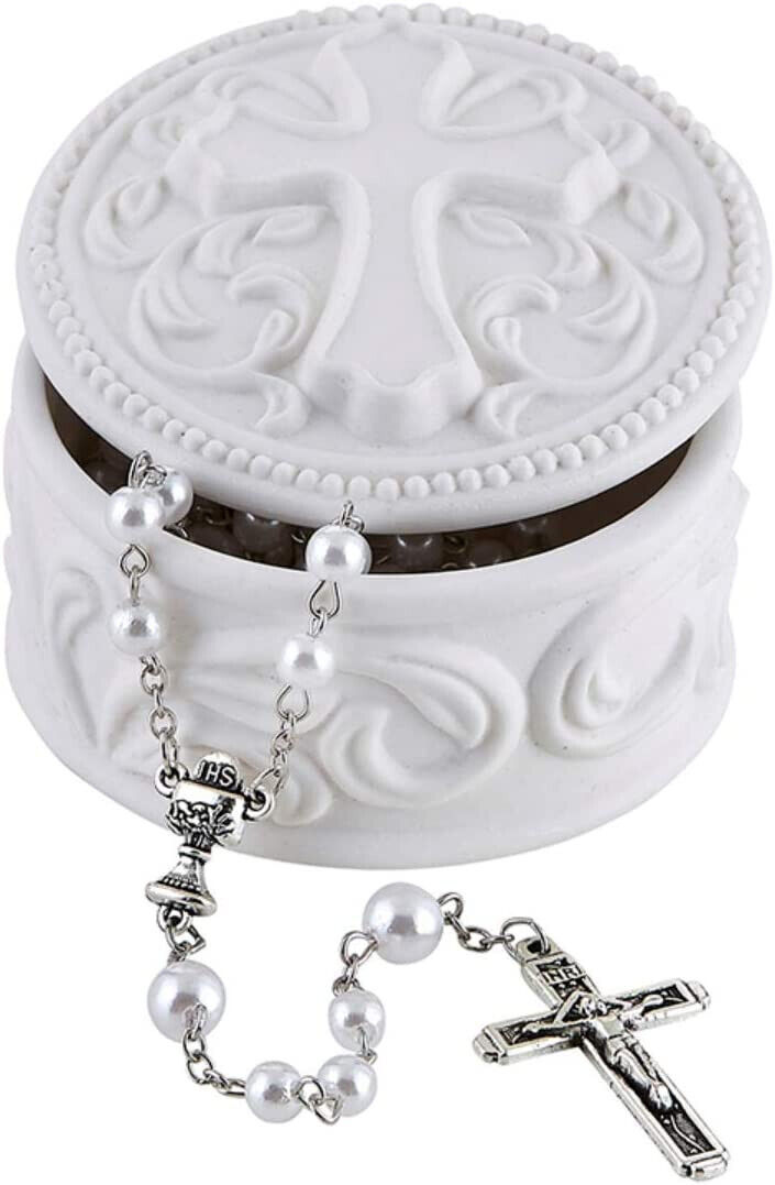 White Porcelain Cross Rosary Jewelry Box, 2 3/4 Inch 