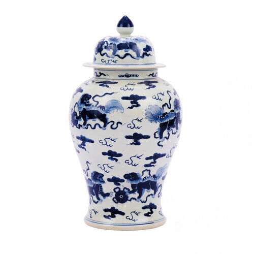Blue & White Large Porcelain Foo Dog Motif Temple Jar Ginger Jar 21