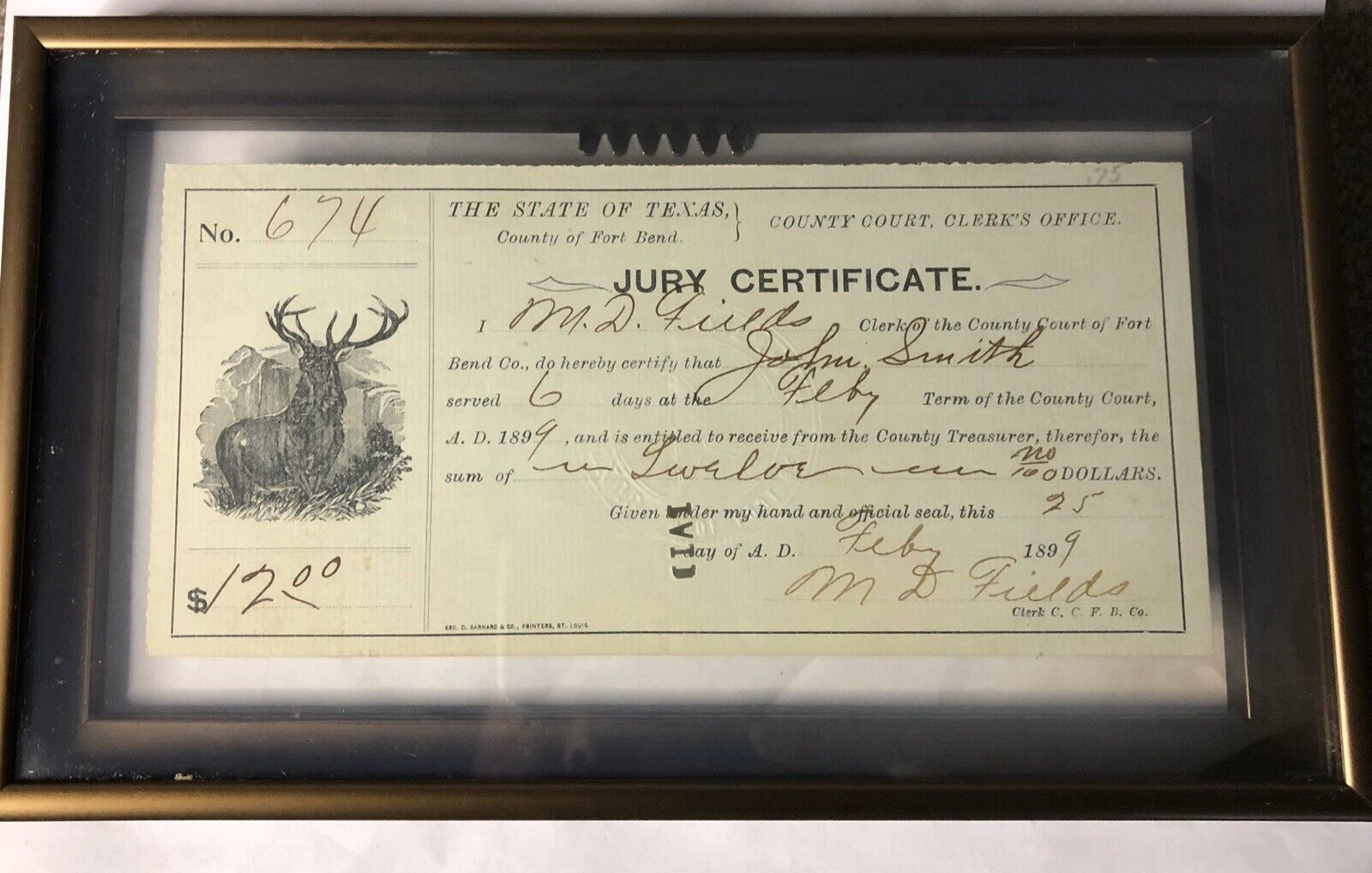 ANTIQUE 1899 STATE OF TEXAS COUNTY OF FORT BEND JURY CERTIFICATE CHECK JURY DUTY