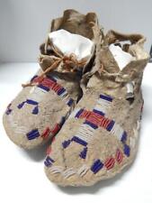 ANTIQUE LAKOTA SIOUX PLAINS INDIAN SINEW BEADED MOCCASINS ON BUFFALO HARD SOLES picture