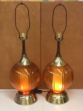 Pair Vtg Mid Century Hollywood Regency Amber Glass & Brass Panel Lamps 3 way picture