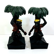 Cast Iron  Bookends Cold Painted Dressed Monkey Butlers & Palm Trees Vintage  picture