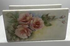 VINTAGE PINK FLORAL Rose Letter Holder Handpainted Porcelain Signed Napkin picture