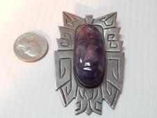 XLRG VINTAGE MEXICAN STERLING SILVER AMETHYST DECO ERA MAYAN MASK BROOCH / PIN picture