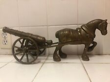 Vintage Solid Brass Horse  Pulling An Artillery Cannon With Wheels 7