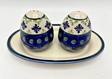Boleslawiec Polish Pottery Salt and Pepper Shakers Underplate Floral Dots Blue picture