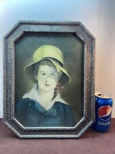 Vtg 1920-30’s Octagon Frame Boy Yellow Hat Country Farm House 12x9 Picture Print picture