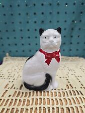 Vintage Small Cast Iron Black & White Cat Coin Bank W/ Red Bow, Purrfect picture