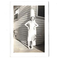 Vintage Photo Beautiful Woman 1940s Pretty Smile Dress Barefoot Against House picture