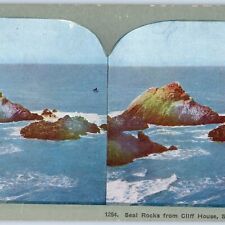 c1900s San Francisco, CA Seal Rocks from Cliff House Litho Photo Stereo Card V8 picture