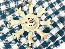 Rustic Farmhouse Metal Snowflake Snowman Ornament with Bells 5” picture