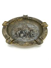 Antique Heavy Brass Ashtray Cigar 8” Round Smoking Ash Tray Winemaking Italy Vtg picture