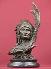 SIGNED BRONZE SCULPTURE NATIVE  INDIAN HIGHLY DETAILED STATUE ON MARBLE BASE picture