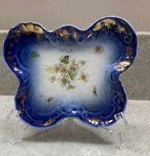 Antique Flow Blue W/Hand Painted Raised Gold Floral design 5' Trinket Dish picture