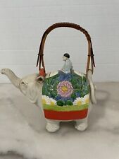 Antique Banko Japanese Teapot 1927 Buddha Riding Happy Elephant ~ Rattan Handle picture