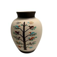 Native American Pottery Vase Signed Hand painted Original Birds On A Tree 6” picture