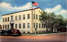 Hobbs New Mexico | City Hall Fire Station Linen Postcard Old Cars American Flag picture