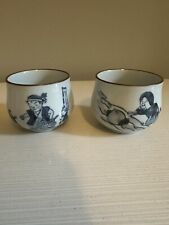 Japanese Ceramic Sake / Tea Cups Set of 2 Hand Painted Blue w Children picture