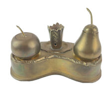 Vintage Double Inkwell Brass Apple And Pear Mottahedeh With Pen Holder On Base picture
