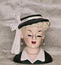 Vintage 1956 Napco C2633B Lucy Lady Head Vase Pearl Necklace & Earrings 4.5 in picture