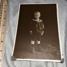 Early Portrait: Young Boy Child In Sailor Military Uniform w Antique Pull Toy picture