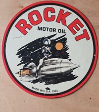 CLASSIC ROCKET MOTOR OIL Pinup Porcelain Enamel Sign. picture