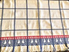 Atq 1920-30s Guatemalan Hand Woven Tablecloth 43” Square + Fringe Red White Blue picture